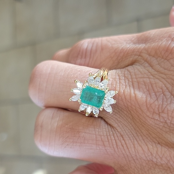 Art deco 14k yellow gold 3ct emerald diamonds ring size 8 - Picture 10 of 12